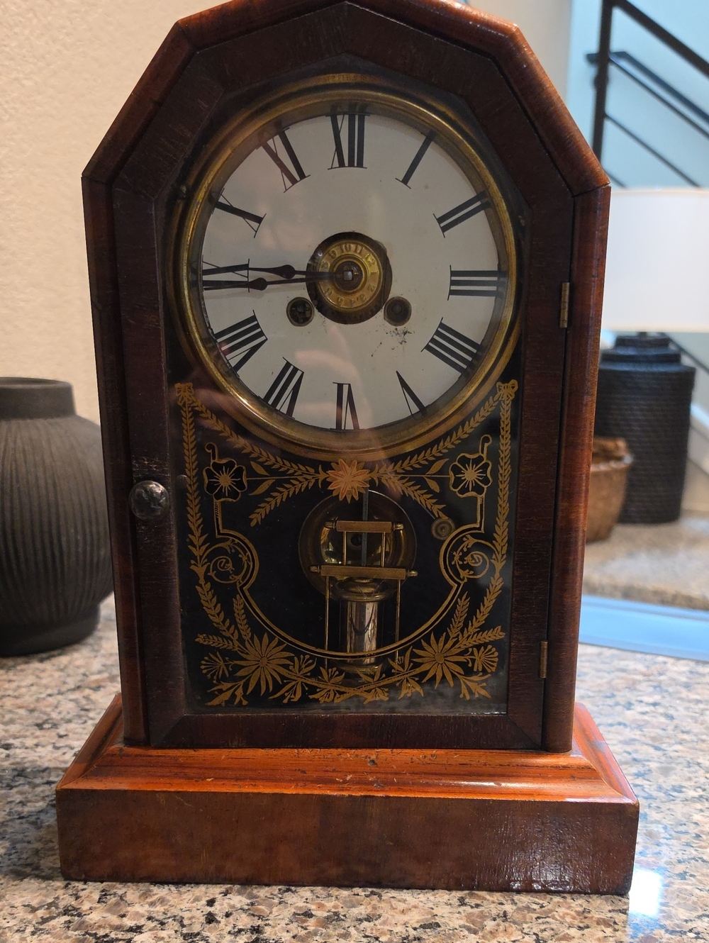 Antique-Style Brown Wooden Mantel Clock with Gold Detailing